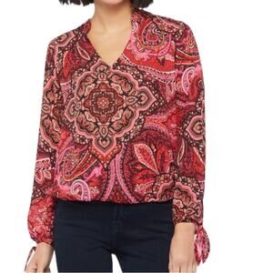 Allison Joy Evereve Pink Paisley Print V-Neck Tie Sleeve Blouse Top